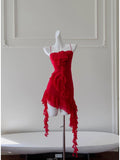 Niulatu Sheath Spaghetti Straps Red Chiffon Ruffled Short Homecoming Dresses Birthday Outfits HZ1110