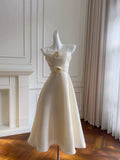 Niulatu A line Spaghetti Straps White Satin Ankle Length Prom Dress Formal Dresses HZ1110