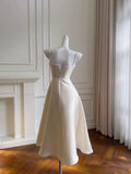 Niulatu A line Spaghetti Straps White Satin Ankle Length Prom Dress Formal Dresses HZ1110