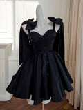 Niulatu A line Straps Black Short Homecoming Dresses Birthday Outfits With Bow HZ1110