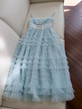 Niulatu A line Spaghetti Straps Light Sky Blue Tulle Ankle Length Prom Dress Formal Dresses HZ1110