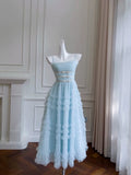 Niulatu A line Spaghetti Straps Light Sky Blue Tulle Ankle Length Prom Dress Formal Dresses HZ1110