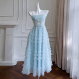 Niulatu A line Spaghetti Straps Light Sky Blue Tulle Ankle Length Prom Dress Formal Dresses HZ1110