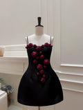 Niulatu A Line Straps Black Satin Homecoming Dresses Birthday Outfits With Flowers HZ1110