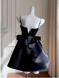 Niulatu A Line Spaghetti Straps Black Satin Homecoming Dresses Birthday Outfits With Beads HZ1110