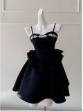 Niulatu A Line Spaghetti Straps Black Satin Homecoming Dresses Birthday Outfits With Beads HZ1110