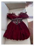 Niulatu A Line Spaghetti Straps Velvet Red Homecoming Dresses Birthday Outfits With Beads HZ1110