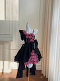 Niulatu Ball Gown Straps Black Satin Flowers Homecoming Dresses Birthday Outfits With Bow HZ1110