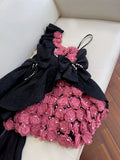 Niulatu Ball Gown Straps Black Satin Flowers Homecoming Dresses Birthday Outfits With Bow HZ1110