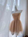 Niulatu A Line Strapless Champagne Tulle Homecoming Dresses Birthday Outfits With Ruffles HZ1110