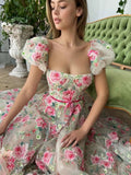 Niulatu A Line Square Neckline Short Sleeves Lace Floral Pink Long Length Prom Dress Formal Dresses HZ1110