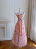 Niulatu A line Straps Pink Floral Prom Dress Formal Dresses HZ1110
