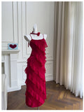Niulatu A line Spaghetti Straps Red Chiffon Long Prom Dress Formal Dresses HZ1110