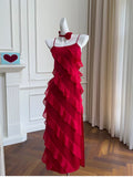 Niulatu A line Spaghetti Straps Red Chiffon Long Prom Dress Formal Dresses HZ1110