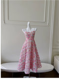 Niulatu A line Spaghetti Straps Pink Floral Prom Dress Formal Dresses HZ1110