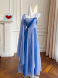 Niulatu A line Spaghetti Straps Blue Chiffon Prom Dress Formal Dresses HZ1110
