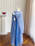 Niulatu A line Spaghetti Straps Blue Chiffon Prom Dress Formal Dresses HZ1110