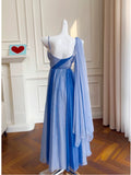 Niulatu A line Spaghetti Straps Blue Chiffon Prom Dress Formal Dresses HZ1110