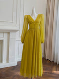 Niulatu A line V Neckline Long Sleeves Yellow Chiffon Prom Dress Formal Dresses With Buttons HZ1110