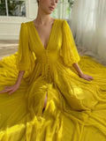 Niulatu A line V Neckline Long Sleeves Yellow Chiffon Prom Dress Formal Dresses With Buttons HZ1110