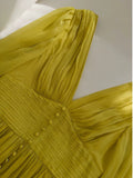 Niulatu A line V Neckline Long Sleeves Yellow Chiffon Prom Dress Formal Dresses With Buttons HZ1110