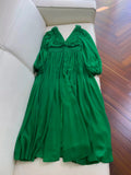 Niulatu A line V Neckline Long Sleeves Green Chiffon Slit Prom Dress Formal Dresses With Buttons HZ1110