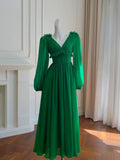 Niulatu A line V Neckline Long Sleeves Green Chiffon Slit Prom Dress Formal Dresses With Buttons HZ1110