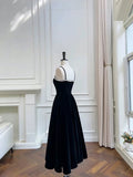Niulatu A line Spaghetti Straps Black Velvet Pearls Prom Dress Formal Dresses HZ1110