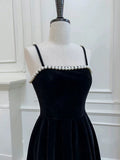 Niulatu A line Spaghetti Straps Black Velvet Pearls Prom Dress Formal Dresses HZ1110
