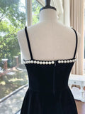Niulatu A line Spaghetti Straps Black Velvet Pearls Prom Dress Formal Dresses HZ1110