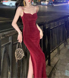 Niulatu Sheath Spaghetti Straps Burgundy Velvet Slit Prom Dress Formal Dresses HZ1110