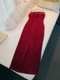 Niulatu Sheath Spaghetti Straps Burgundy Velvet Slit Prom Dress Formal Dresses HZ1110