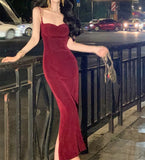 Niulatu Sheath Spaghetti Straps Burgundy Velvet Slit Prom Dress Formal Dresses HZ1110