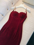 Niulatu Sheath Spaghetti Straps Burgundy Velvet Slit Prom Dress Formal Dresses HZ1110