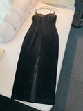 Niulatu Sheath Spaghetti Straps Black Velvet Slit Prom Dress Formal Dresses HZ1110
