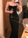 Niulatu Sheath Spaghetti Straps Black Velvet Slit Prom Dress Formal Dresses HZ1110
