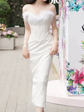 Niulatu Sheath Sweetheart White Ankle Length Prom Dress Formal Dresses With Feather HZ1110