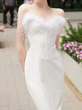 Niulatu Sheath Sweetheart White Ankle Length Prom Dress Formal Dresses With Feather HZ1110