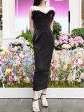Niulatu Sheath Sweetheart Black Ankle Length Prom Dress Formal Dresses With Feather HZ1110