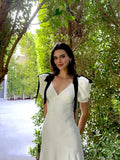Niulatu Mermaid Short Sleeves White Ankle Length Prom Dress Formal Dresses With Bow HZ1110
