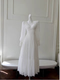 Niulatu A line Long Sleeves White Ankle Length Prom Dress Formal Dresses With Ruffles HZ1110