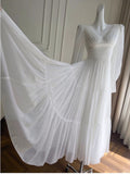 Niulatu A line Long Sleeves White Ankle Length Prom Dress Formal Dresses With Ruffles HZ1110