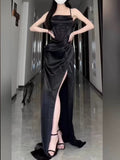 Niulatu Sheath Spaghetti Straps Black Floor Length Prom Dress Formal Dresses With Slit HZ1110