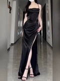 Niulatu Sheath Spaghetti Straps Black Floor Length Prom Dress Formal Dresses With Slit HZ1110