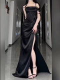 Niulatu Sheath Spaghetti Straps Black Floor Length Prom Dress Formal Dresses With Slit HZ1110