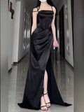 Niulatu Sheath Spaghetti Straps Black Floor Length Prom Dress Formal Dresses With Slit HZ1110