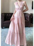 Niulatu A Line V Neckline Halter Chiffon Pink Long Backless Prom Dress Formal Dresses HZ1110