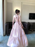 Niulatu A Line V Neckline Halter Chiffon Pink Long Backless Prom Dress Formal Dresses HZ1110