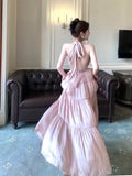 Niulatu A Line V Neckline Halter Chiffon Pink Long Backless Prom Dress Formal Dresses HZ1110