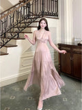Niulatu A Line V Neckline Halter Pink Long Backless Prom Dress Formal Dresses HZ1110